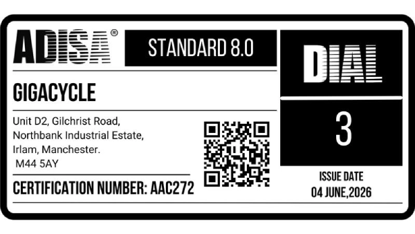 ADISA Standard 8.0 label for GIGACYCLE, showing address, certification AAC272, a QR code, issue date 04 June 2026, and panel number 3.