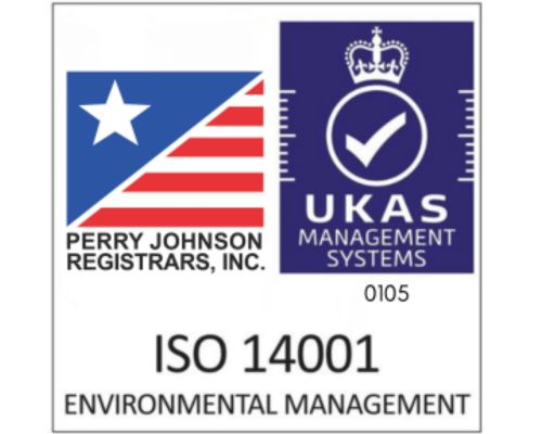 ISO 14001 Environmental Management certification mark displaying Perry Johnson Registrars and UKAS logos.