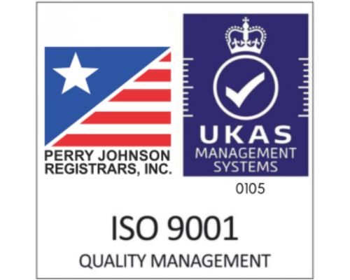 ISO 9001 Quality Management certification badge featuring Perry Johnson Registrars, Inc. and UKAS Management Systems logos.