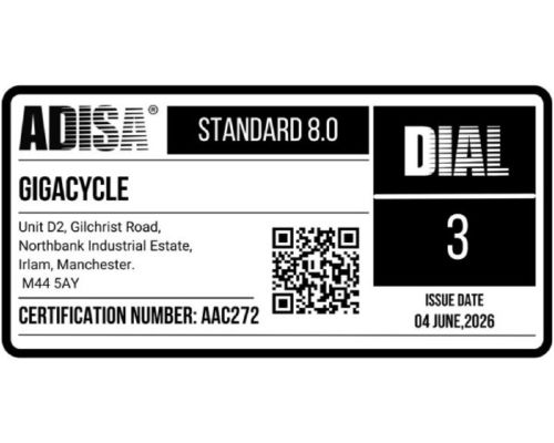 Black-and-white ADISE Standard 8.0 label for GIGACYCLE, showing certification number AAC272, issue date 04 June 2026, address lines, and a QR code.