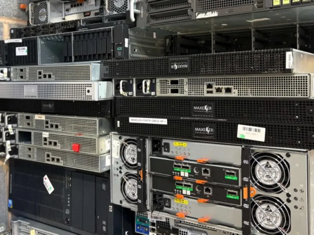 Rack-mounted servers and networking gear in a data center cabinet, with cooling fans and power supplies visible, front view of equipment.