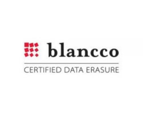 Blancco logo: red patterned square icon followed by the word 'blancco' and the tagline 'CERTIFIED DATA ERASURE'.