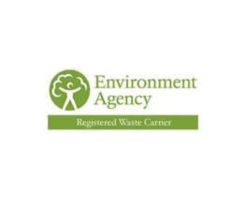 Environment Agency logo: green circular icon with a tree, and the text 'Environment Agency' with a green 'Registered Waste Carrier' banner beneath.
