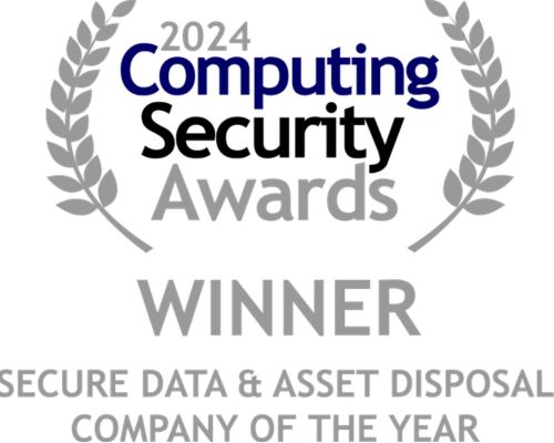 2024 Computing Security Awards winner badge for Secure Data & Asset Disposal Company of the Year, with laurel wreaths.