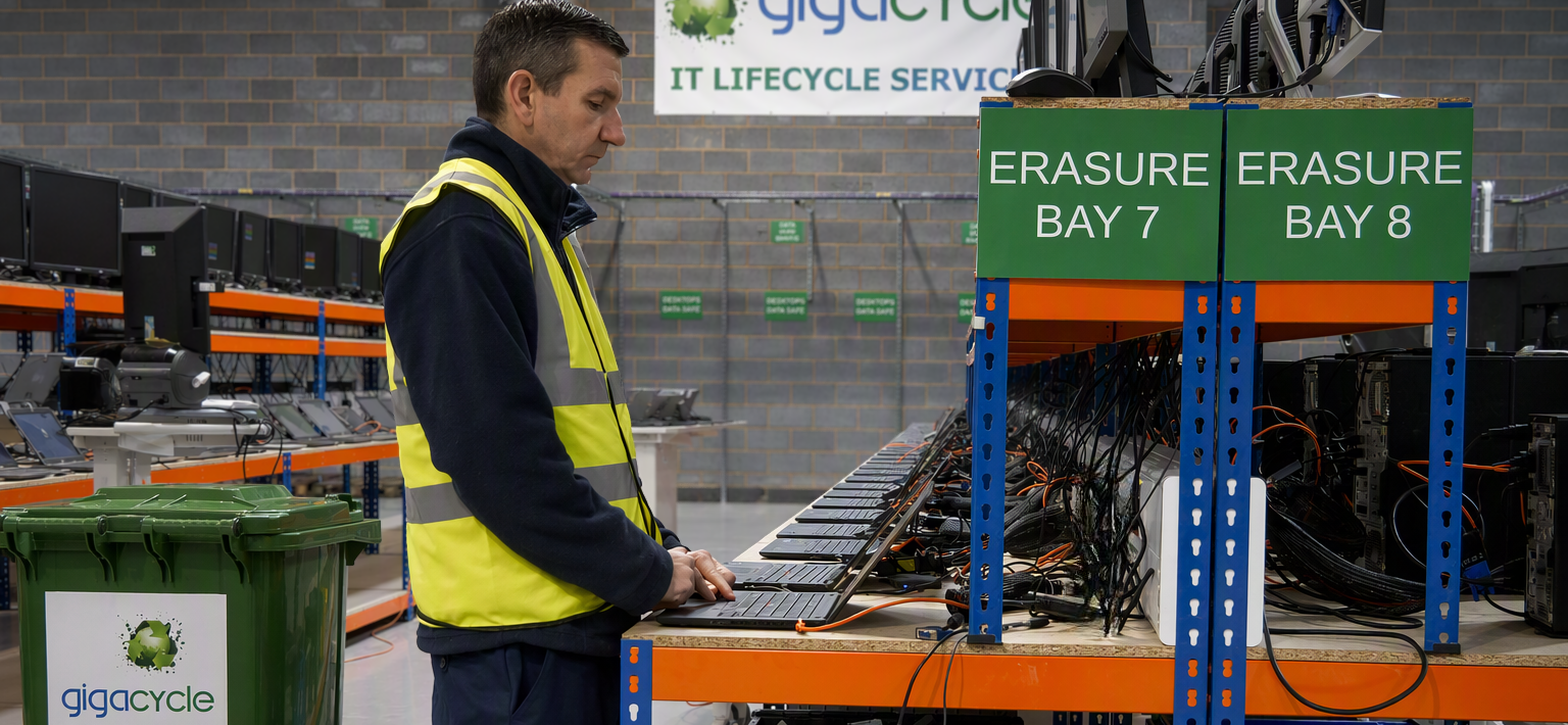 Tech worker in high-visibility vest standing at a row of laptops for data erasure in a warehouse lab, 'ERASURE BAY 7' and 'Bay 8' signs above.